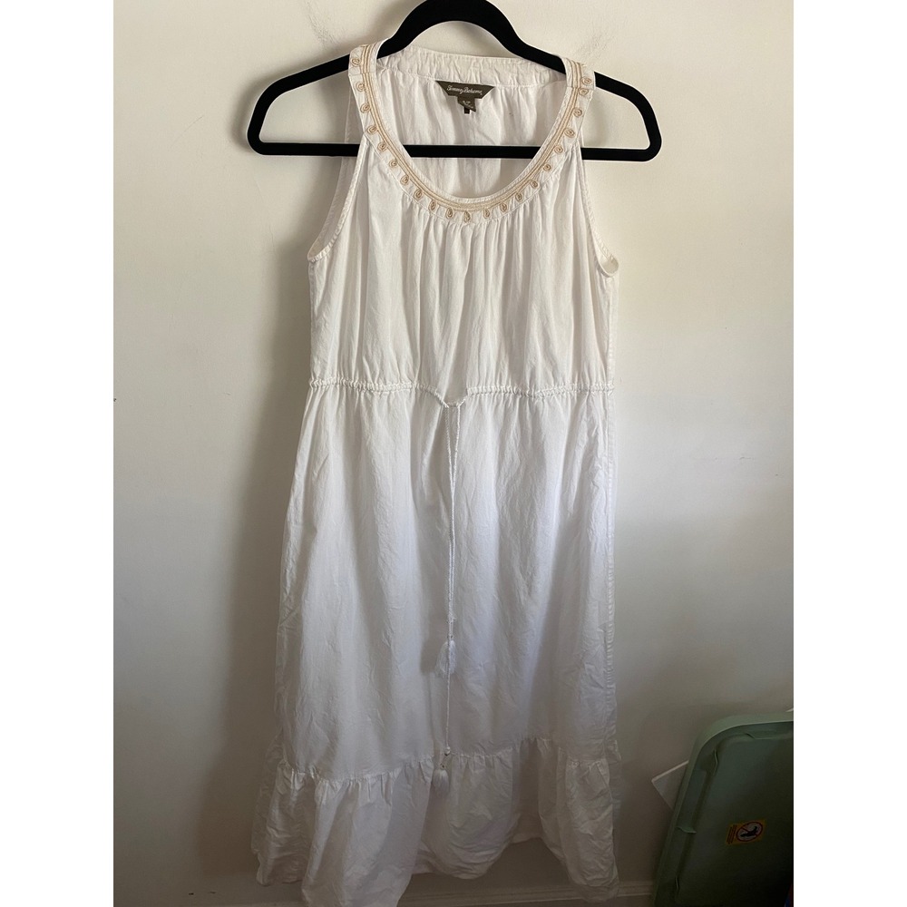 Tommy Bahama White Cotton Embroidered Sleeveless Midi Dress Small Tassel Waist